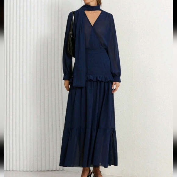 Navy Chiffon V-Neck Blouse With Draped Design Paired Maxi Skirt,2pcs Soft Set - Picture 2 of 4